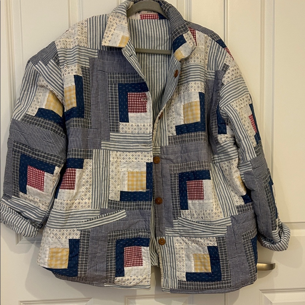 Patchwork Quilted Jacket in Navy, Cream, Yellow & Red. Reversible style.